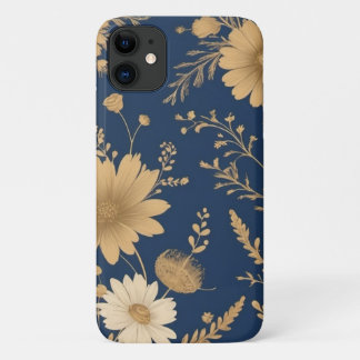 iphone11 coque floral bleu et or