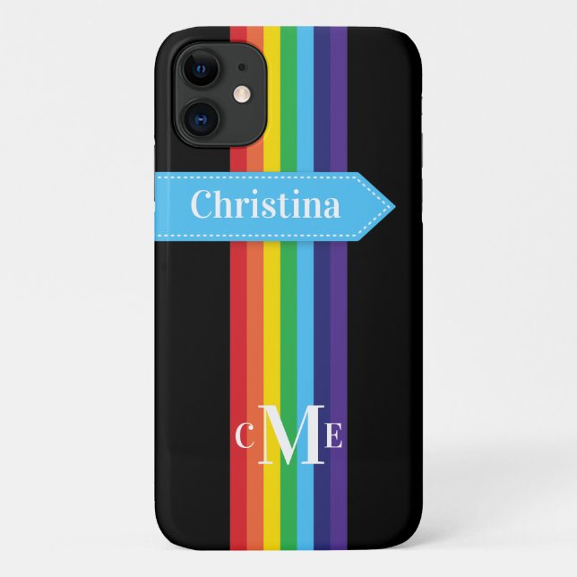 iPhone 11 Case | Rainbow Striped with Monogram (Back)