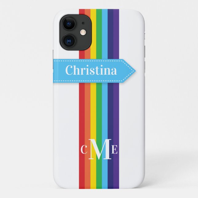 iPhone 11 Case | Rainbow Striped with Monogram (Back)