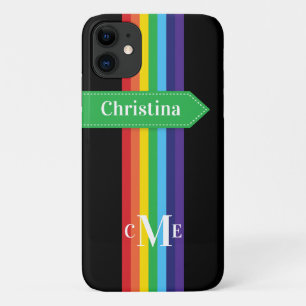 iPhone 11 Case Rainbow Striped with Monogram