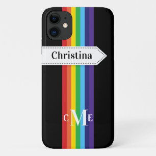 iPhone 11 Case Rainbow Striped with Monogram