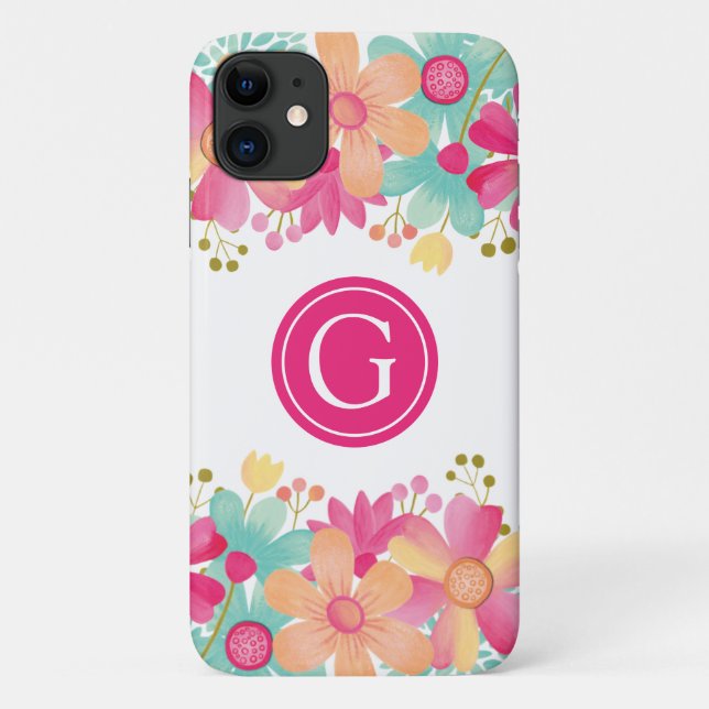 Iphone 11 Gouache Floral Personalized Initial Case (Back)