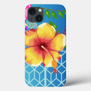 iPhone 13 Case, Blue Background Golden flower. Case