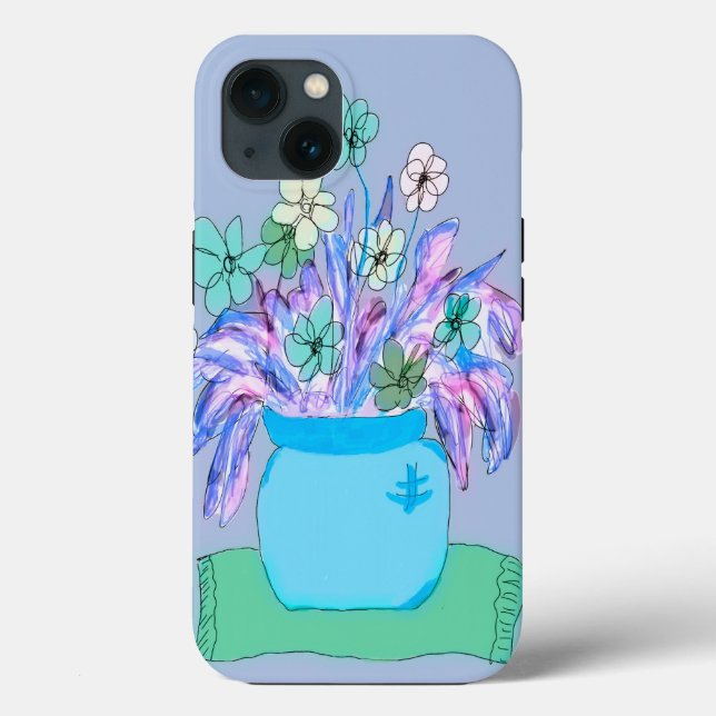 iPhone 13 Case with Flower Pot in Blue (Back)