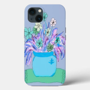 iPhone 13 Coque avec Pot Fleur en bleu