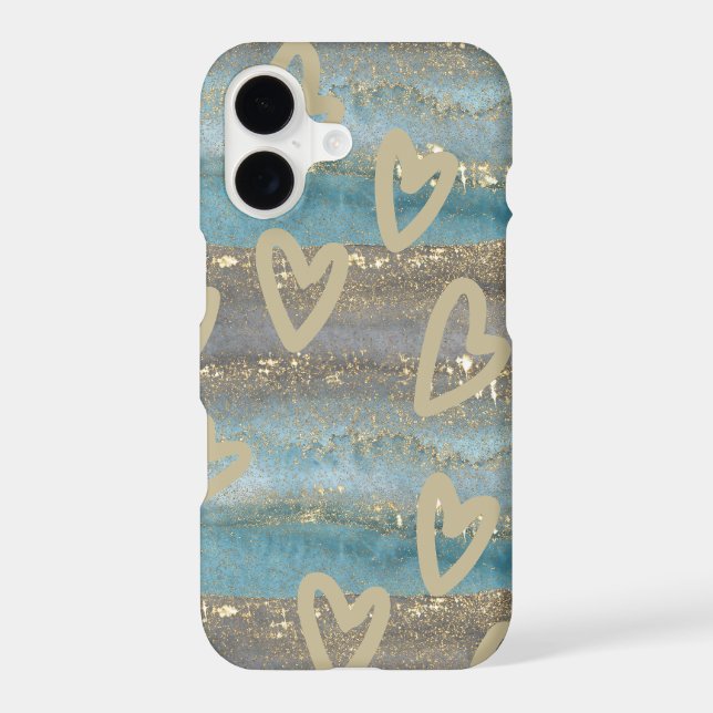Iphone 14 Pro Max Gold Teal and Hearts Case (Back)