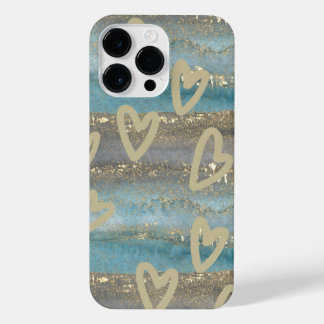 Iphone 14 Pro Max Gold Teal and Hearts Case