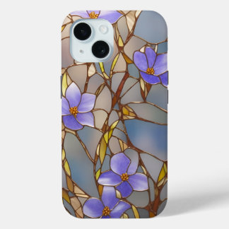 iPhone 15 case Stained Glass Purple Flowers
