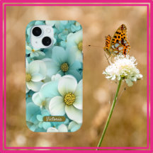 iPhone 15 Coque Vert & Blanc Floral Design & Nom
