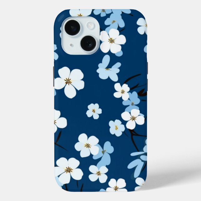 iPhone 15 Phone Case Blue & White Floral Design (Back)