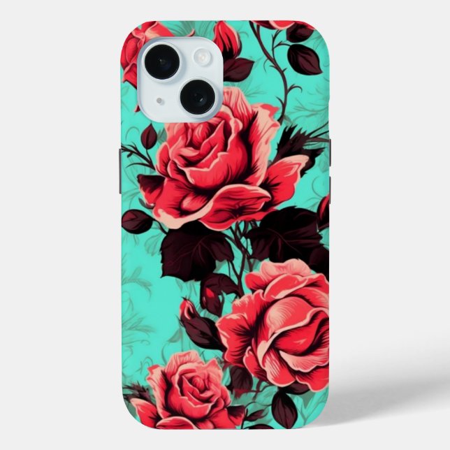 iPhone 15 Phone Case W/ Red Rose Floral Design (Back)