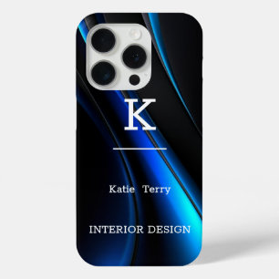 iPhone 15 Pro Monogramme moderne minimaliste noir et bleu Coque