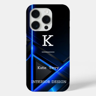 iPhone 15 Pro Monogramme moderne minimaliste noir et bleu Coque