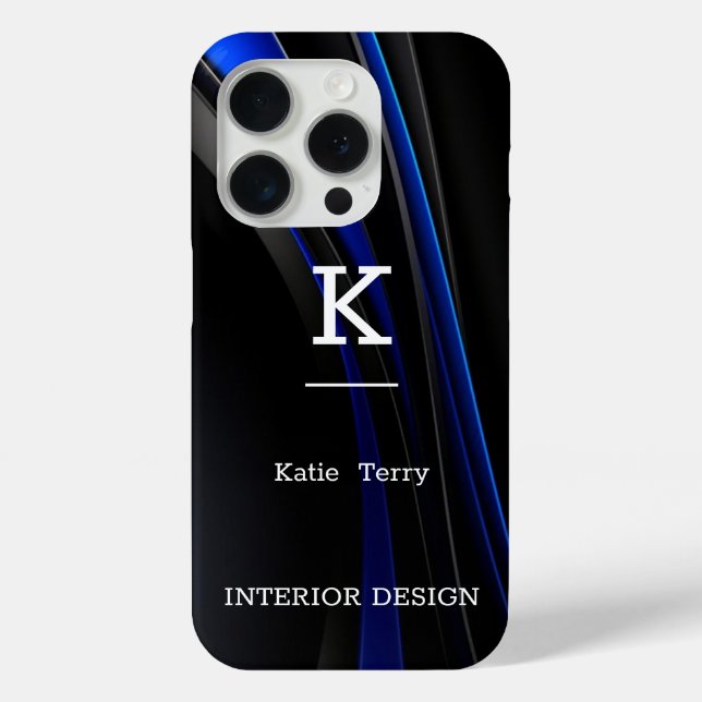 iPhone 15 Pro Monogramme moderne minimaliste noir et bleu Coque (Verso)