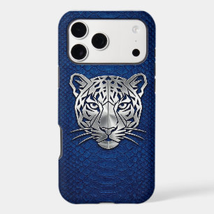 iPhone 17 Pro Cuir Serpent Bleu Géométrique Argent