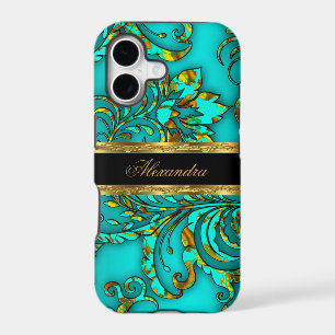 iPhone 5 Elegant Teal Gold Black Floral Damask