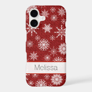 iPhone 7 Case   FAUX Burlap, Snowflakes - Red