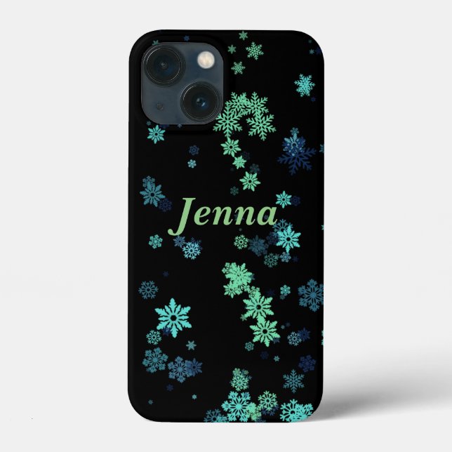 iPhone Black w/ Green & Blue Snowflakes Case-Mate iPhone Case (Back)