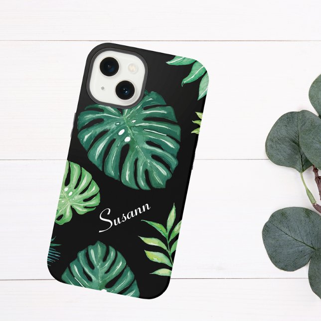 iPhone Coque de téléphone à motif feuille tropicale noire (Créateur téléchargé)