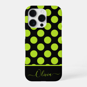 iPhone 16 Pro Grands pois verts lime sur coque d'iPhone noire