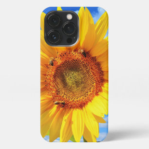 Etui iPhone 13 Pro Tournesol jaune et abeilles sur le ciel bleu coque