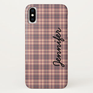 iPhone X Case, Grey and Pink Plaid, Personalized Case