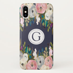 Iphone X Floral Navy Personalized Initial Case