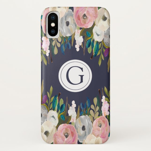 Iphone X Floral Navy Personalized Initial Case (Back)
