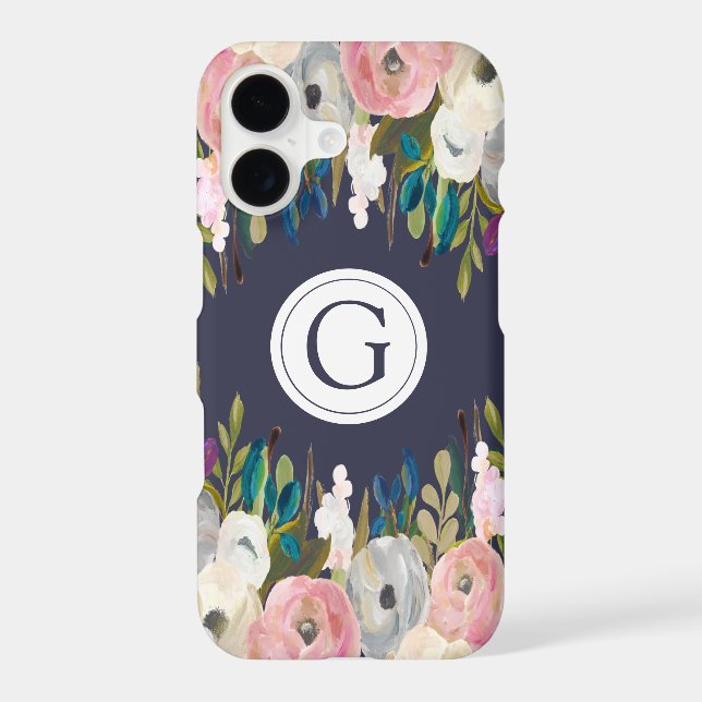Iphone X Floral Navy Personalized Initial Case (Back)