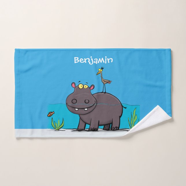 Ippopotame drôle mignon avec dessin animé d'oiseau (Serviette à main)