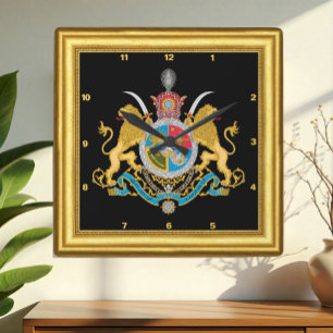Iran Clock, Imperial Coat of Arms 1925-1979, Gold Square Wall Clock