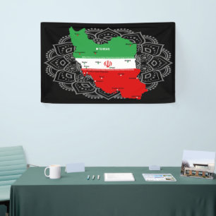 Iran Map with Flag and Emblem Banner