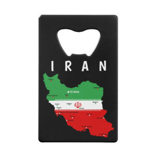 Iran Map with Flag and Emblem Credit Card Bottle Opener