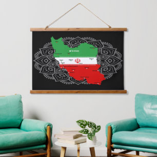 Iran Map with Flag and Emblem Hanging Tapestry