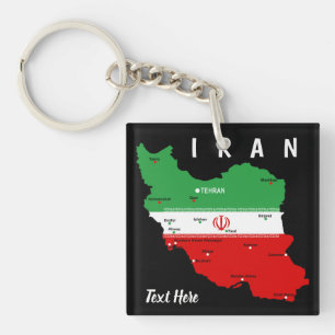 Iran Map with Flag and Emblem Keychain