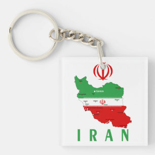 Iran Map with Flag and Emblem Keychain