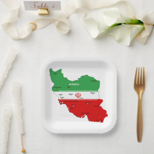Iran Map with Flag and Emblem Paper Plate
