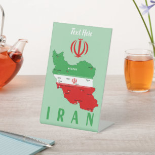 Iran Map with Flag and Emblem Pedestal Sign