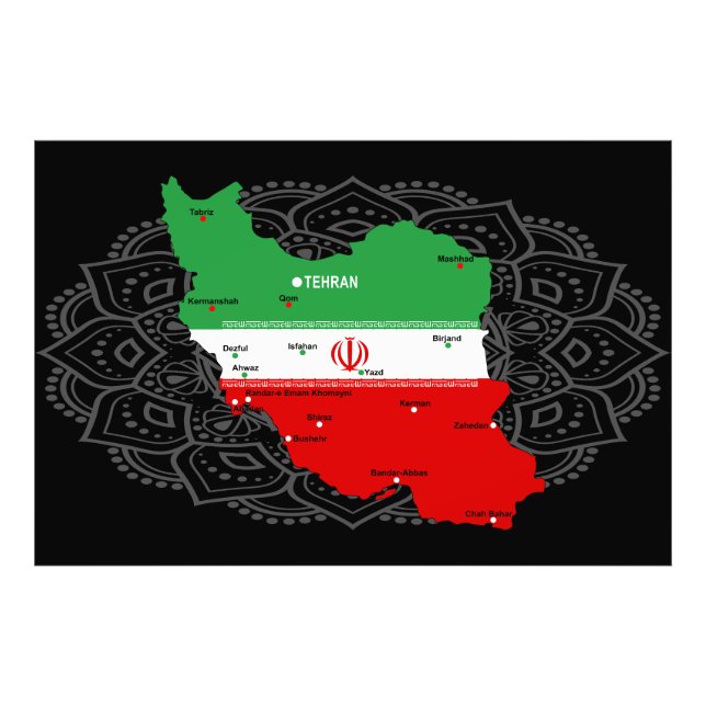 Iran Map with Flag and Emblem Photo Print (Front)