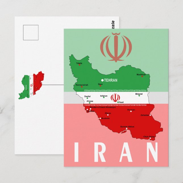 Iran Map with Flag and Emblem Postcard (Front/Back)