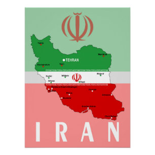 Iran Map with Flag and Emblem Poster