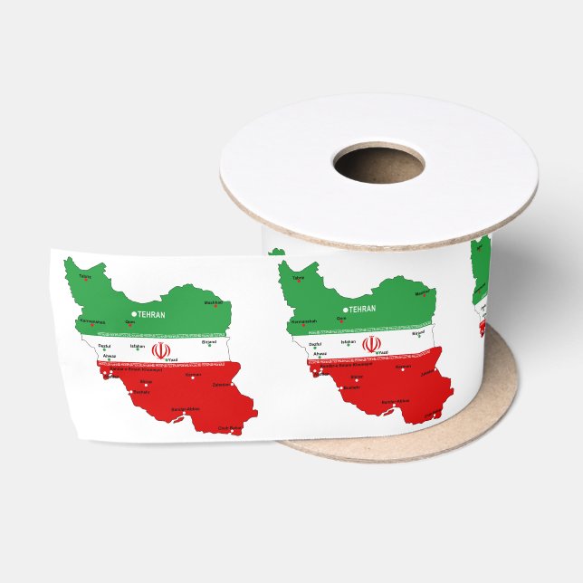 Iran Map with Flag and Emblem Satin Ribbon (Spool)