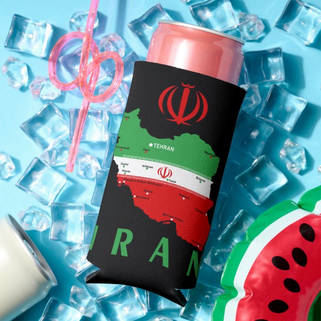 Iran Map with Flag and Emblem Seltzer Can Cooler (In Situ Summer)