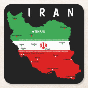 Iran Map with Flag and Emblem Square Paper Coaster