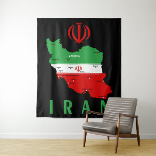 Iran Map with Flag and Emblem Tapestry