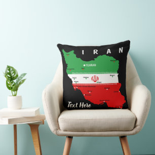 Iran Map with Flag and Emblem Throw Pillow