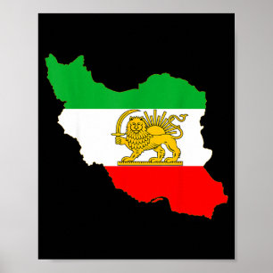 Iran map with lion and sun emblem, persian flag poster