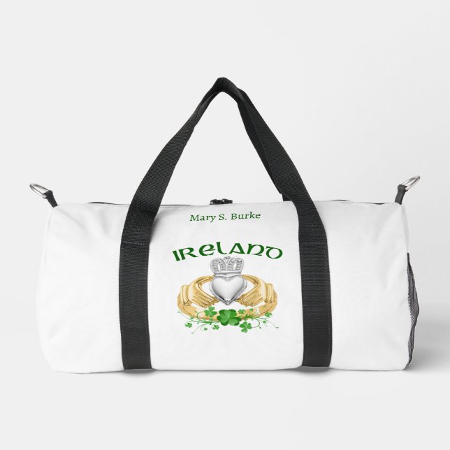 Ireland Claddagh Ring & Shamrocks Personalized Duffle Bag (Front)