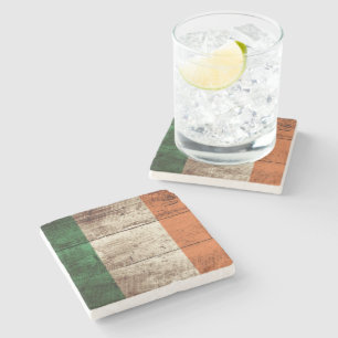 Ireland Flag on Old Wood Grain Stone Coaster