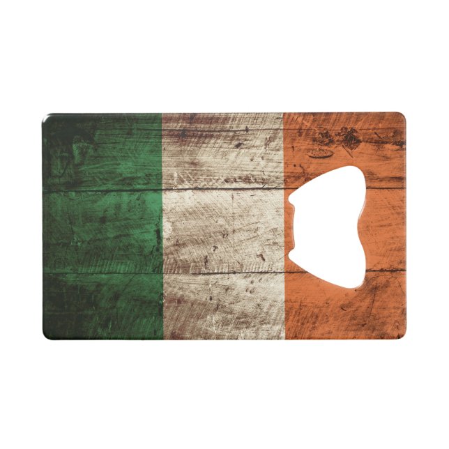 Ireland Flag on Old Wood Grain Wallet Bottle Opener (Front (Horizontal))